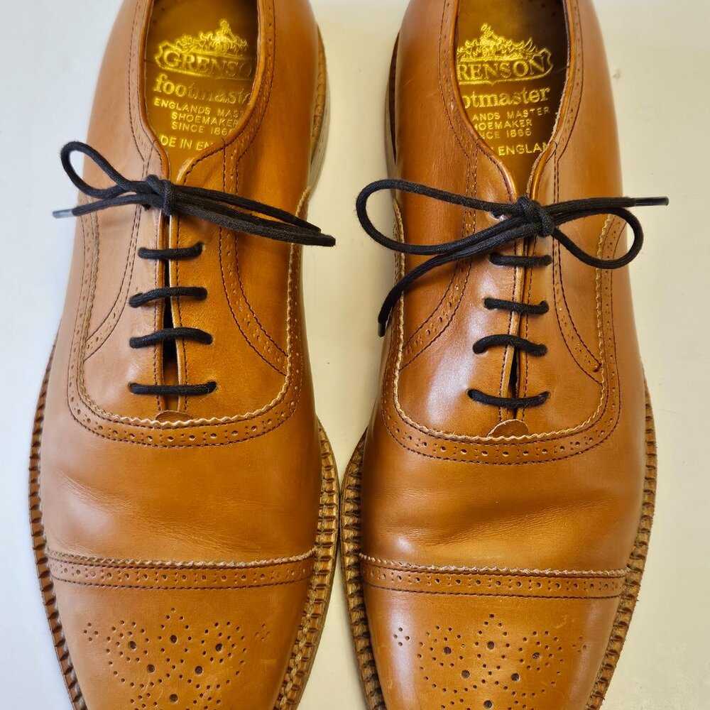 Grenson Footmaster Tan Leather Semi-Brogue Oxford Shoes - Made in England - Size